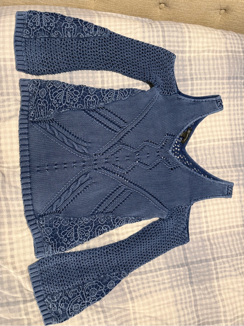 INC International Concepts Denim Blue Lace-Panel V-Neck Knit Sweater